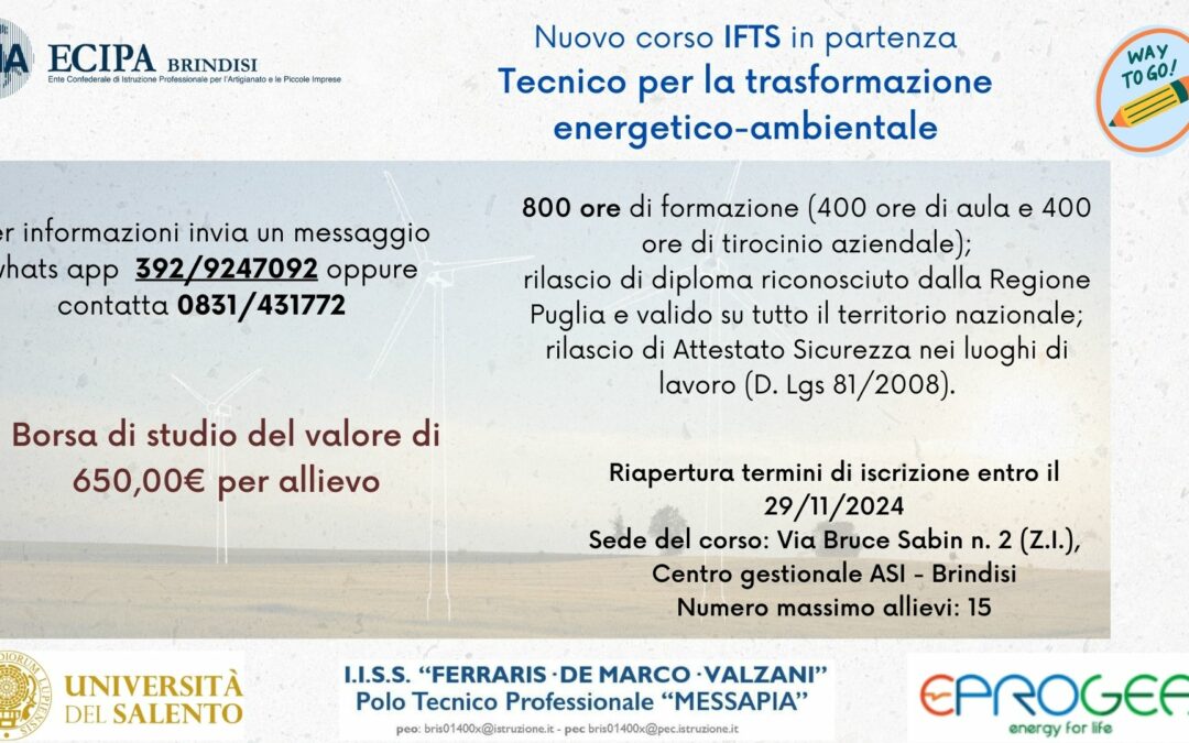 Riapertura Iscrizioni IFTS Tecnico per la trasformazione energetico-ambientale – Novembre 2024